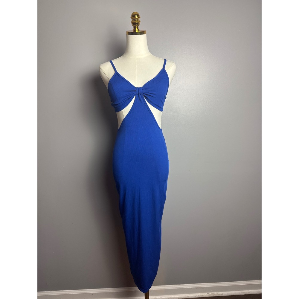SHEIN Blue Cutout Bodycon Maxi Dress XS Ribbed Strappy Club Vacation Sexy